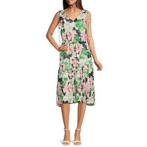 Tommy Hilfiger Green Pink Floral Chiffon Cinched Tie Shoulder Midi Dress V Neck